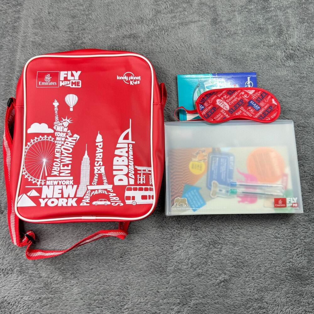 Emirates Kids Fly With Me Bag Lonely Planet Crossbody NEW Flight Games Eye Mask - Picture 1 of 6